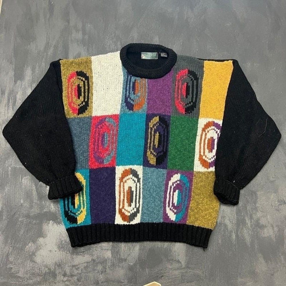 Vintage Agenda Sweater Mens Large‎ Black 1990s Geometric